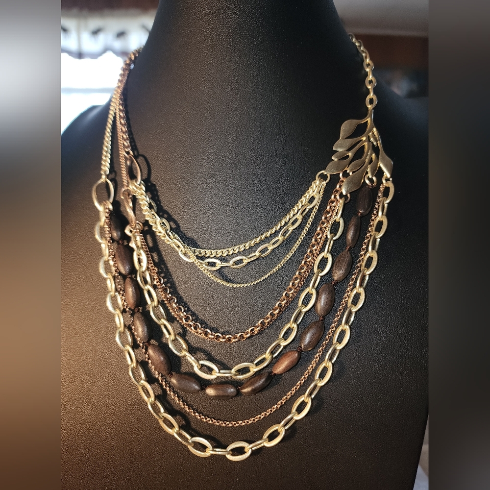 Fossil Wood Accent Multi-Strand Necklace 18" + 2" Extender – EUC